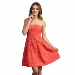 J.Crew Dress Size 0 Coral Strapless Pleated Textured‎ Deco Dot Elegant A-Line